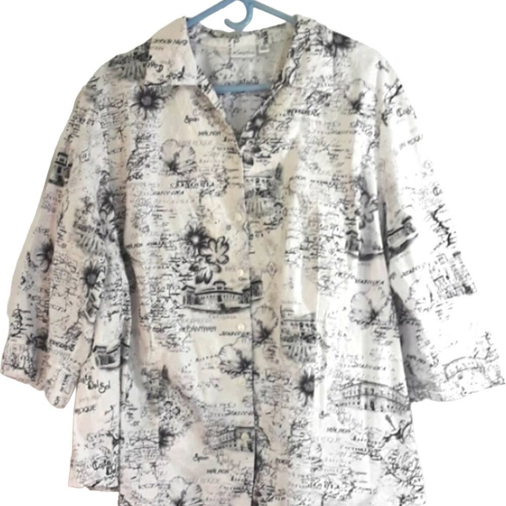 Kim Rogers Women Sz 22W Black White Art to Wear Globe Map Print Button up Blouse